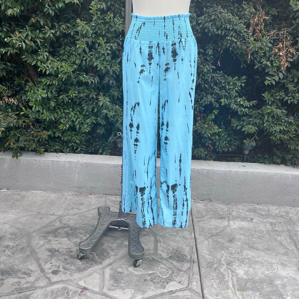 Sky Blue Tie-Dye Wide Leg Palazzo Pants Smock High Waist Boho Fairy Hippie Small